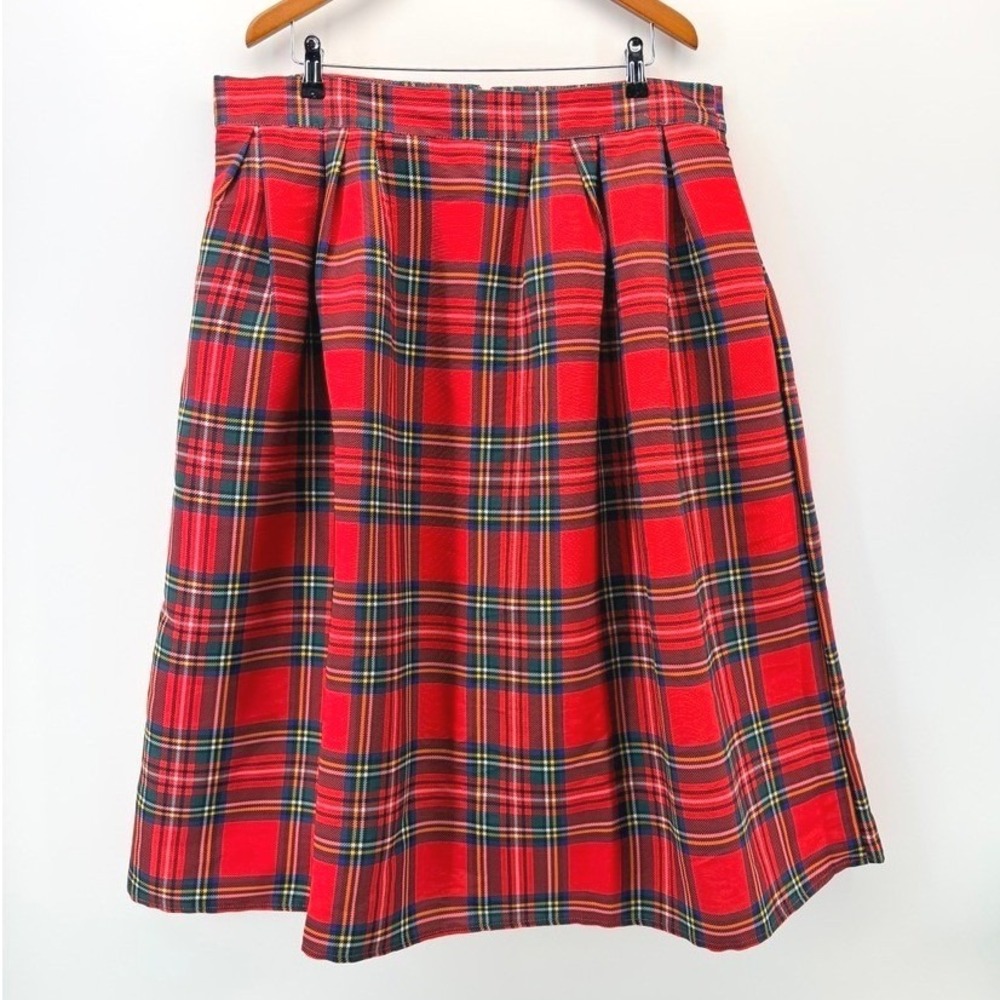 New York & Company Red Tartan Plaid Pleated Midi Skirt XL Pockets Holiday Party - Picture 2 of 8